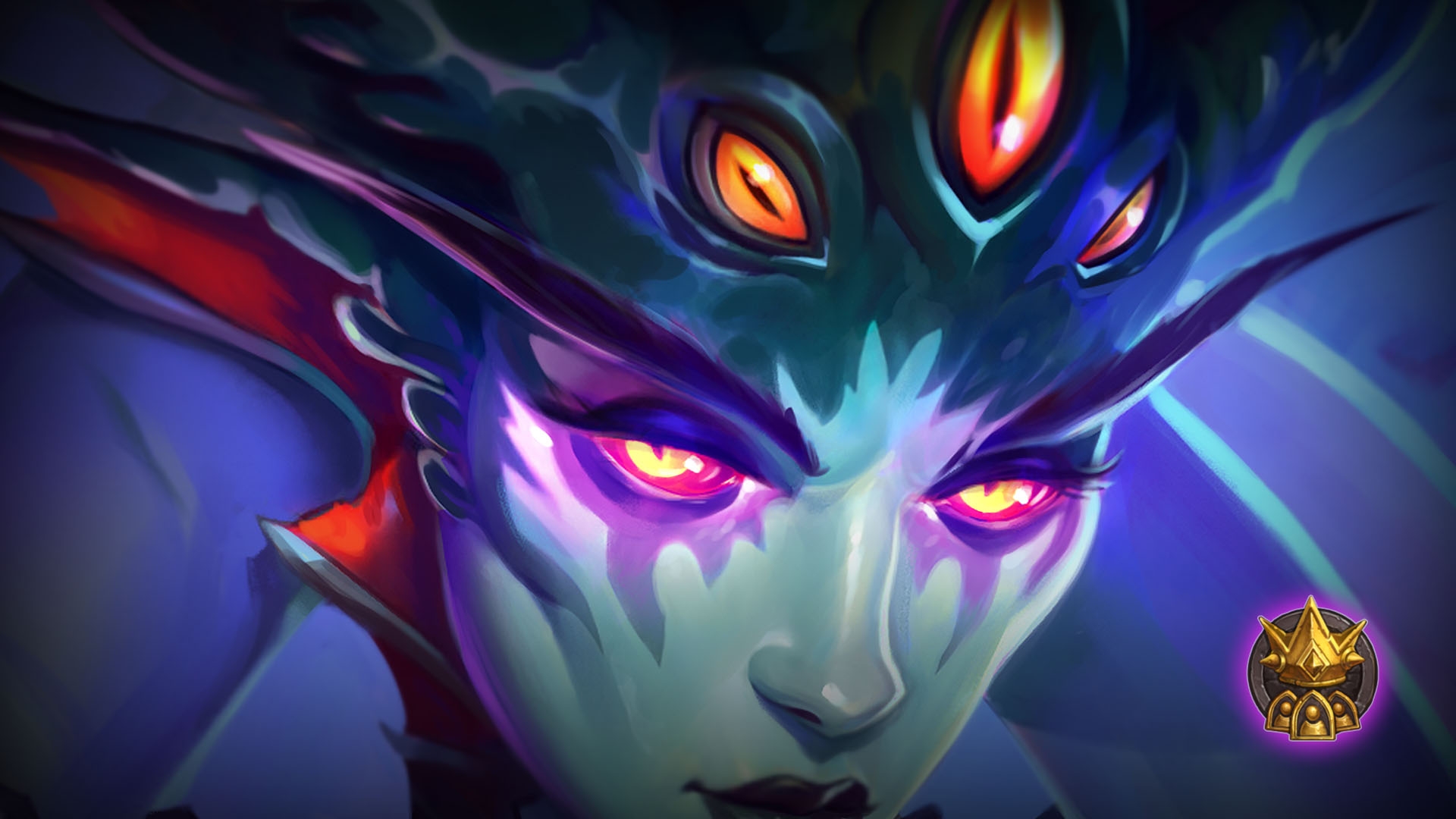 A close up on Queen Azshara's face, in her naga form 