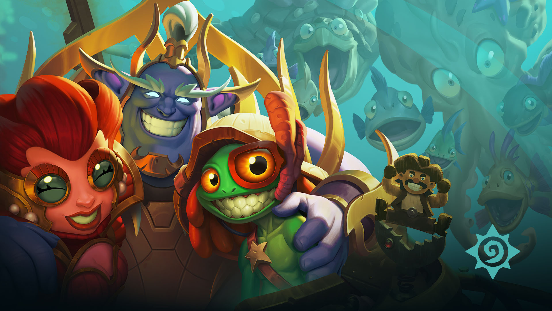 Hearthstone characters in an underwater vessel surrounded by happy sea creatures 