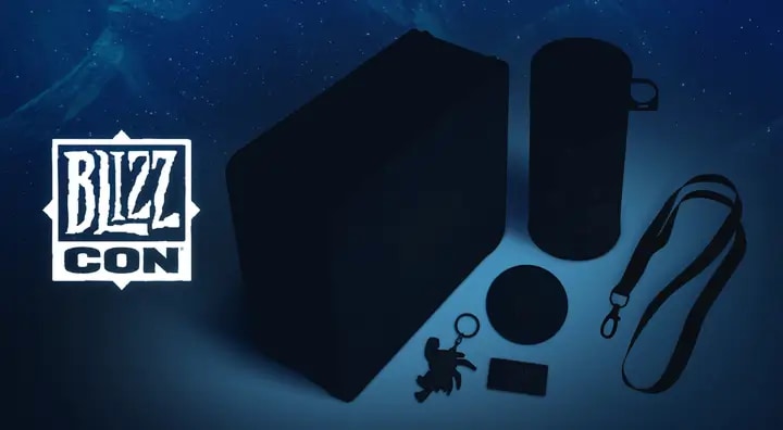 BlizzCon Logo sitting next to silhouette of a lunchbox and other items.