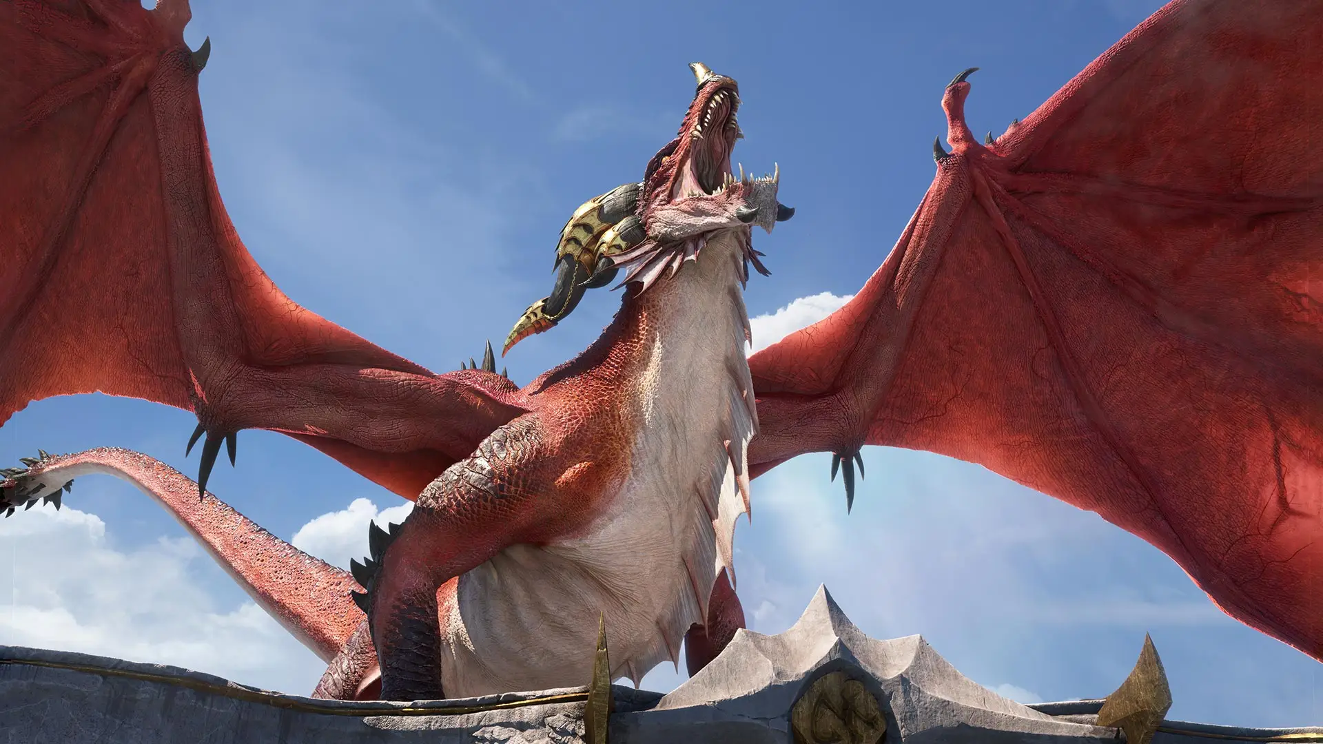 A big red dragon is roaring into the sky. He is standing on top of a buildiing.