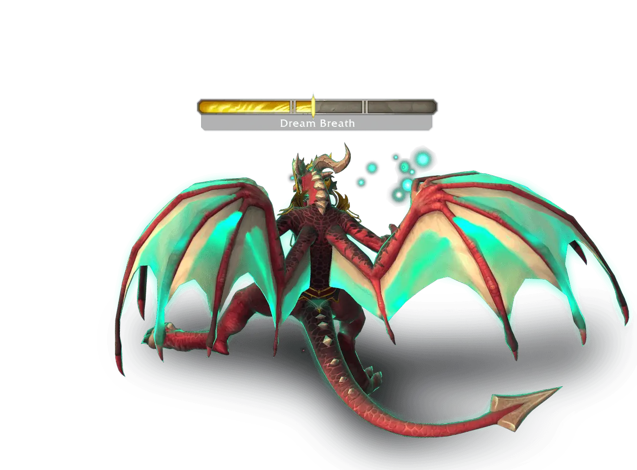 A red dragon which is standig with it's back towards the screen is using the ability Dream breath. A bar above it's head is raising and the dragon is turning turquoise.