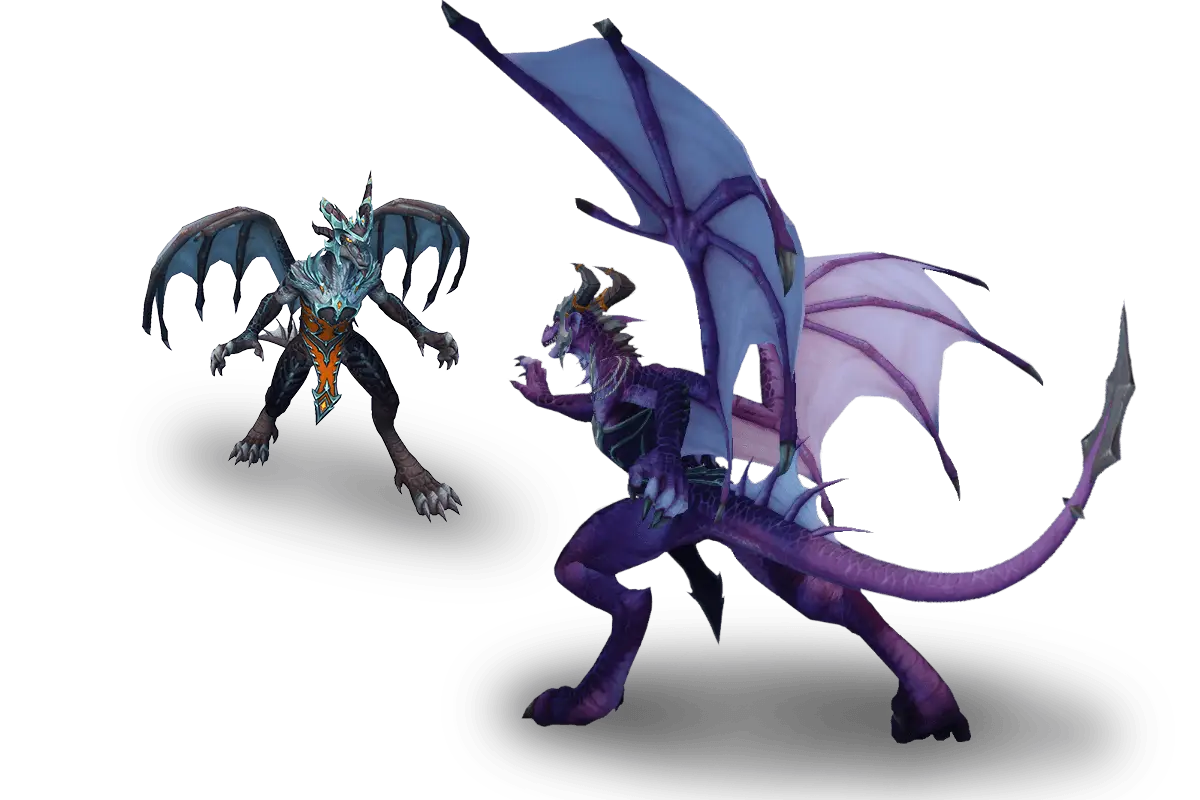 A blue and a purple dragon who are fighting. The blue dragon is standing across from the purple dragon. The purple dragon has his back towards the screen and is attempting to slash the other dragon.